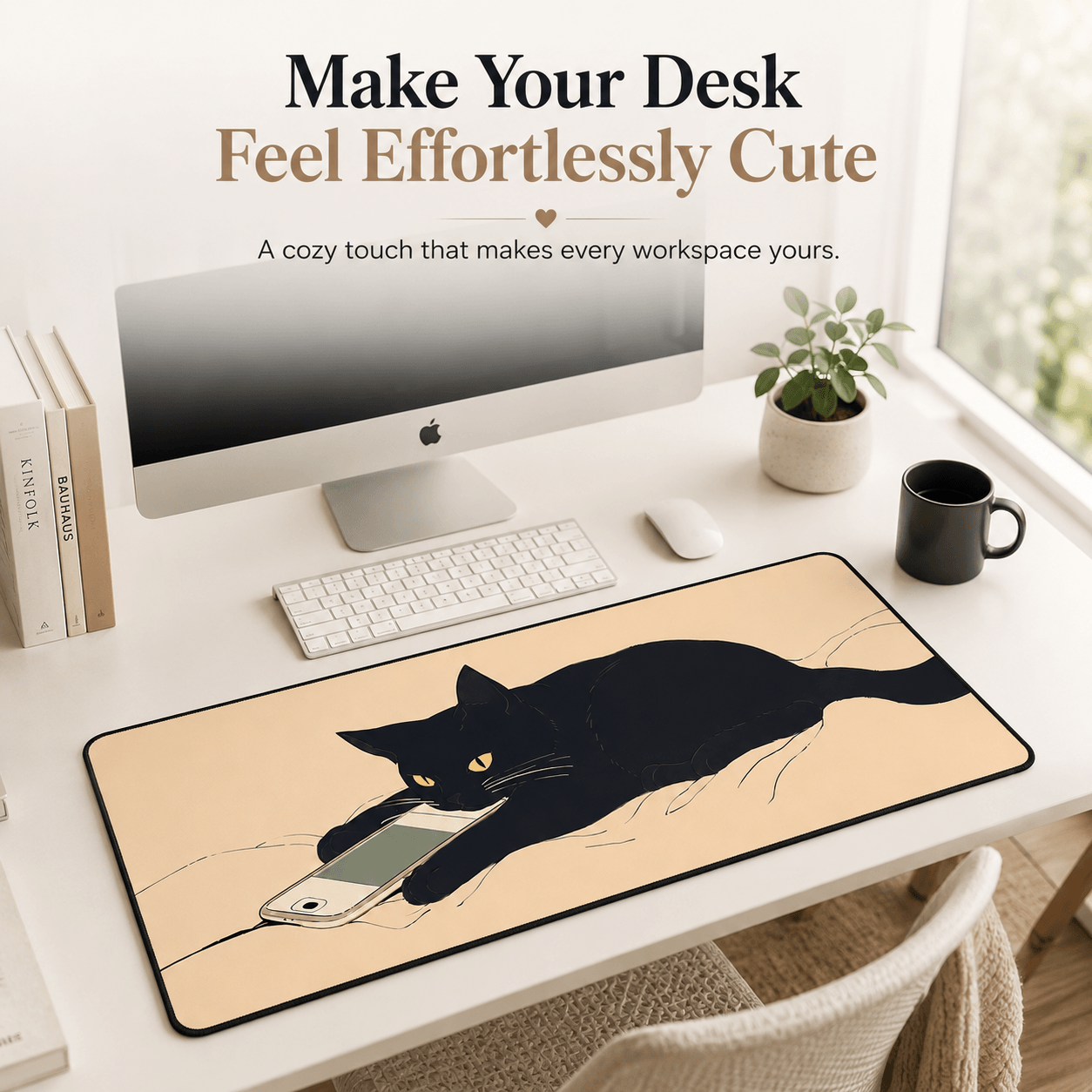 Black Cat Scroll Break Large Desk Mat – Non-Slip Extended Mouse Pad