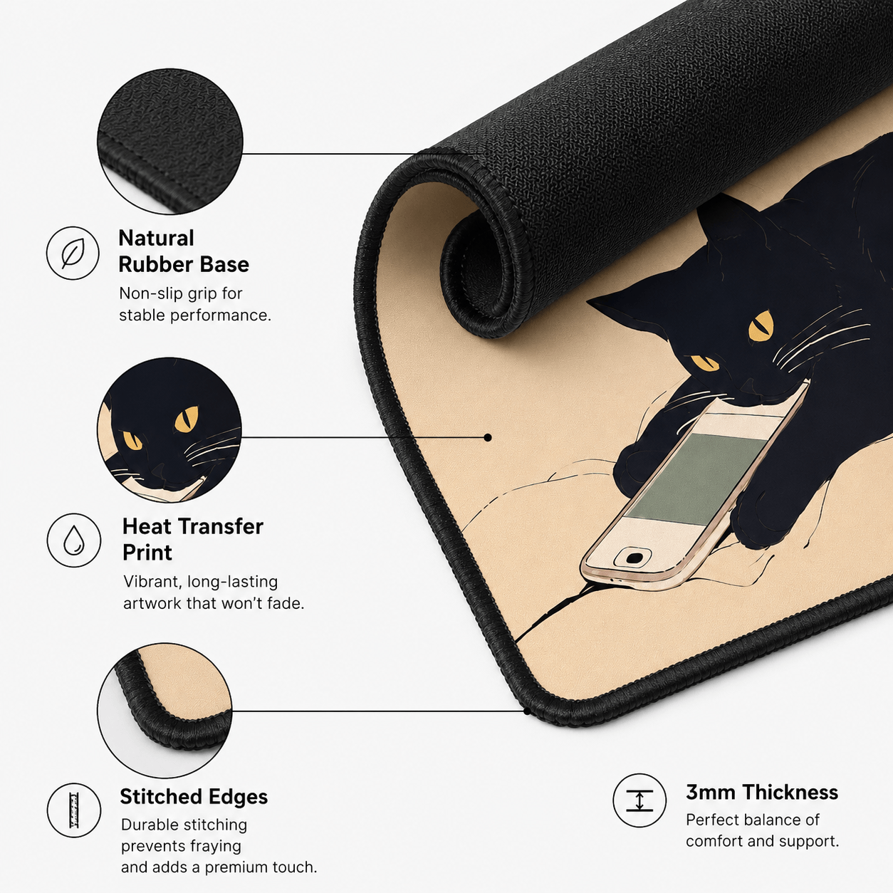 Black Cat Scroll Break Large Desk Mat – Non-Slip Extended Mouse Pad