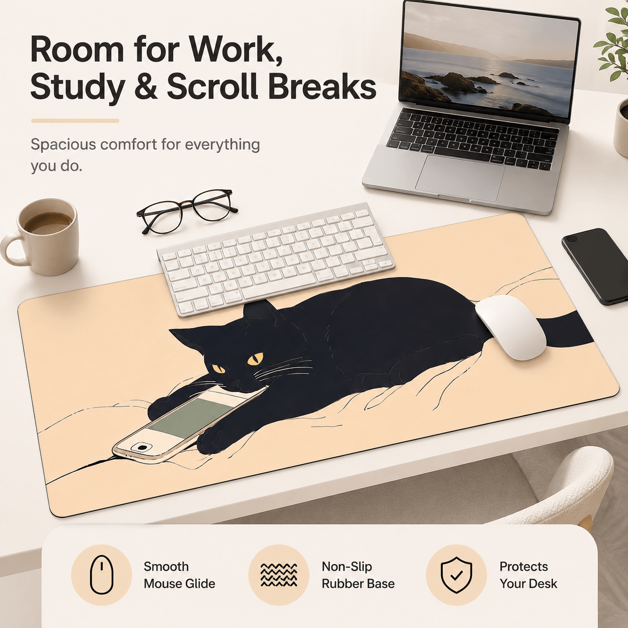 Black Cat Scroll Break Large Desk Mat – Non-Slip Extended Mouse Pad