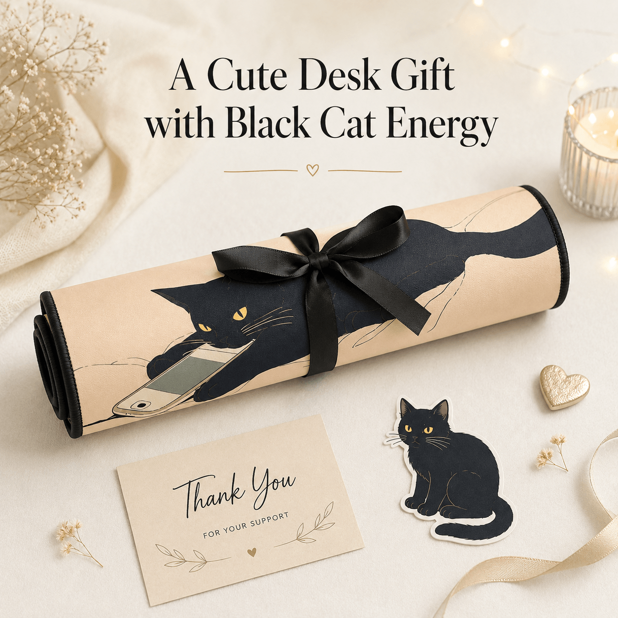 Black Cat Scroll Break Large Desk Mat – Non-Slip Extended Mouse Pad