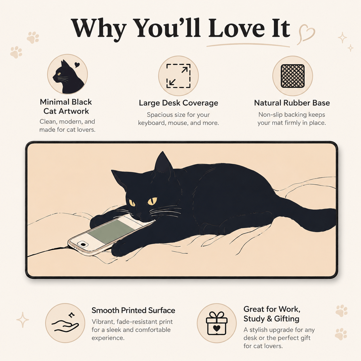 Black Cat Scroll Break Large Desk Mat – Non-Slip Extended Mouse Pad
