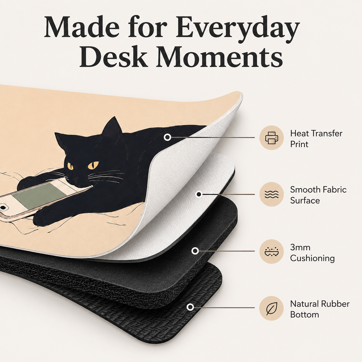 Black Cat Scroll Break Large Desk Mat – Non-Slip Extended Mouse Pad