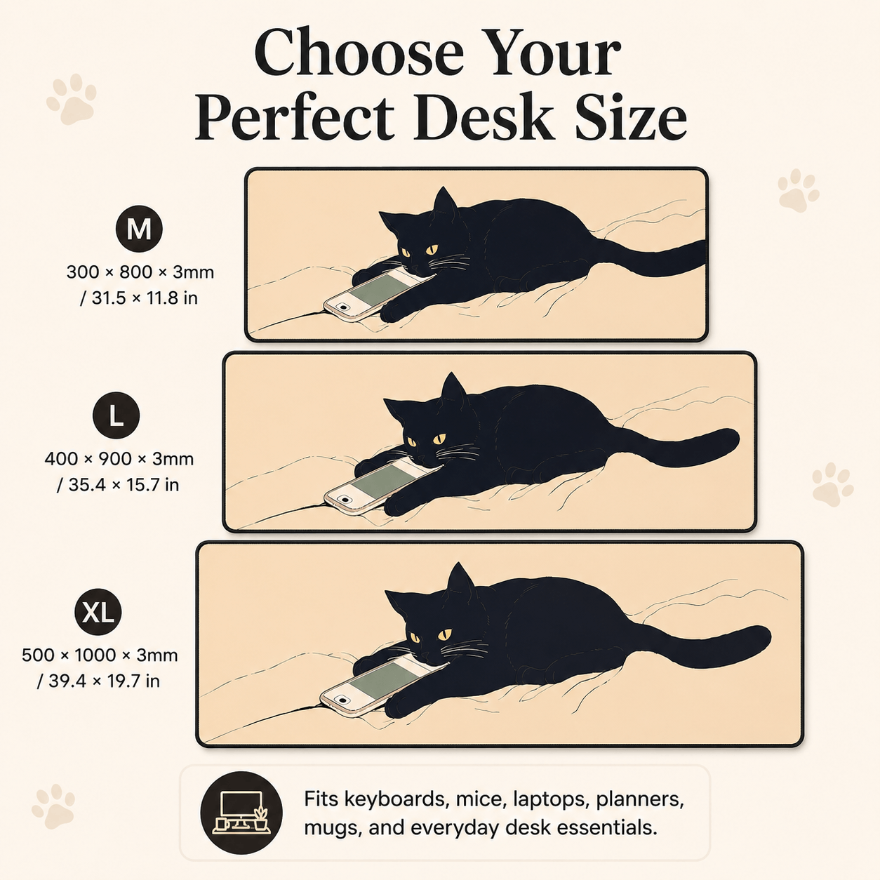 Black Cat Scroll Break Large Desk Mat – Non-Slip Extended Mouse Pad