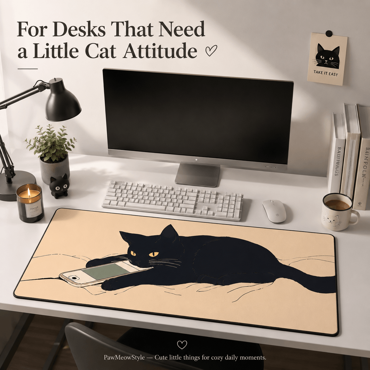 Black Cat Scroll Break Large Desk Mat – Non-Slip Extended Mouse Pad
