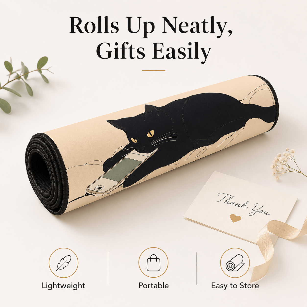 Black Cat Scroll Break Large Desk Mat – Non-Slip Extended Mouse Pad
