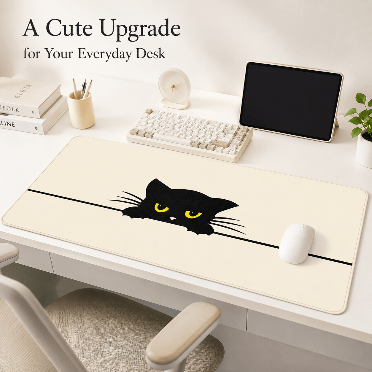 Peeking Black Cat Large Desk Mat – Non-Slip Extended Mouse Pad