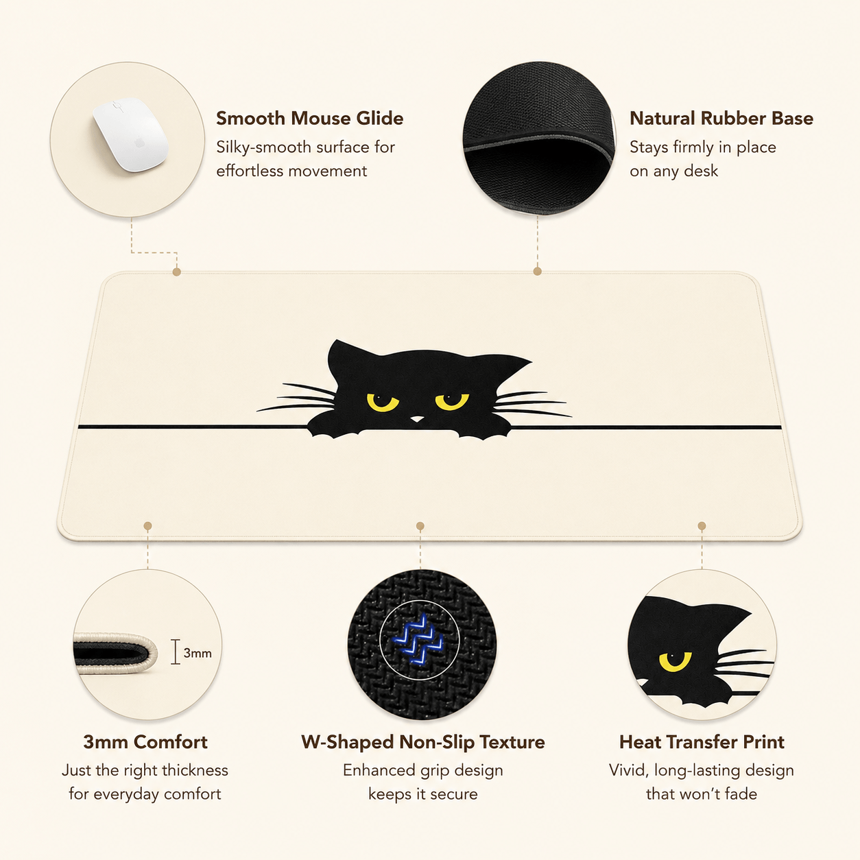 Peeking Black Cat Large Desk Mat – Non-Slip Extended Mouse Pad