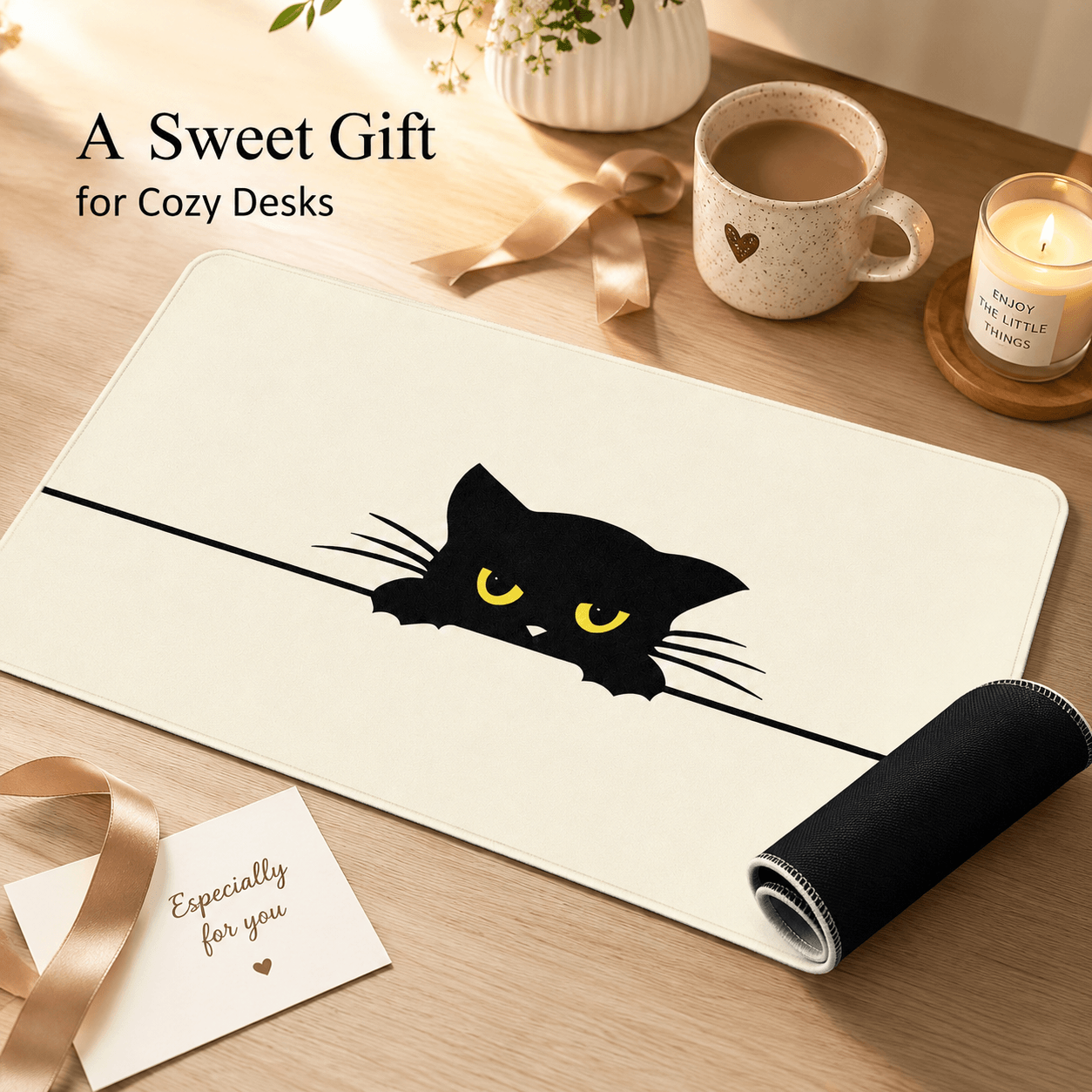 Peeking Black Cat Large Desk Mat – Non-Slip Extended Mouse Pad