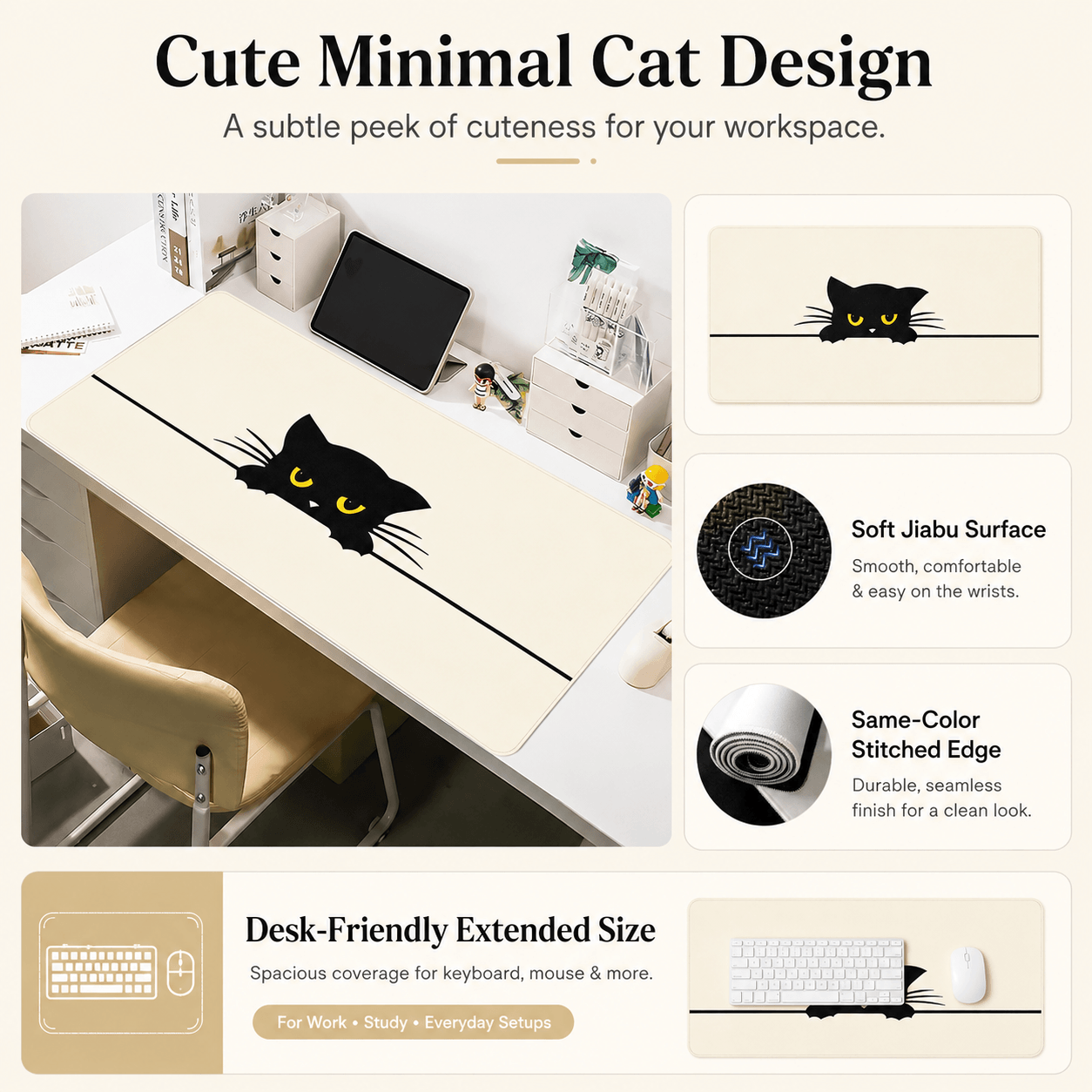 Peeking Black Cat Large Desk Mat – Non-Slip Extended Mouse Pad