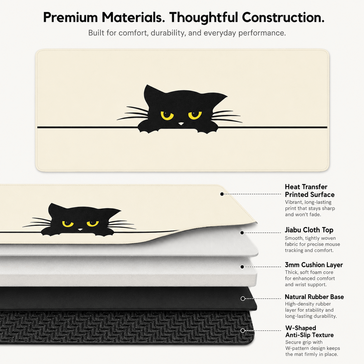 Peeking Black Cat Large Desk Mat – Non-Slip Extended Mouse Pad