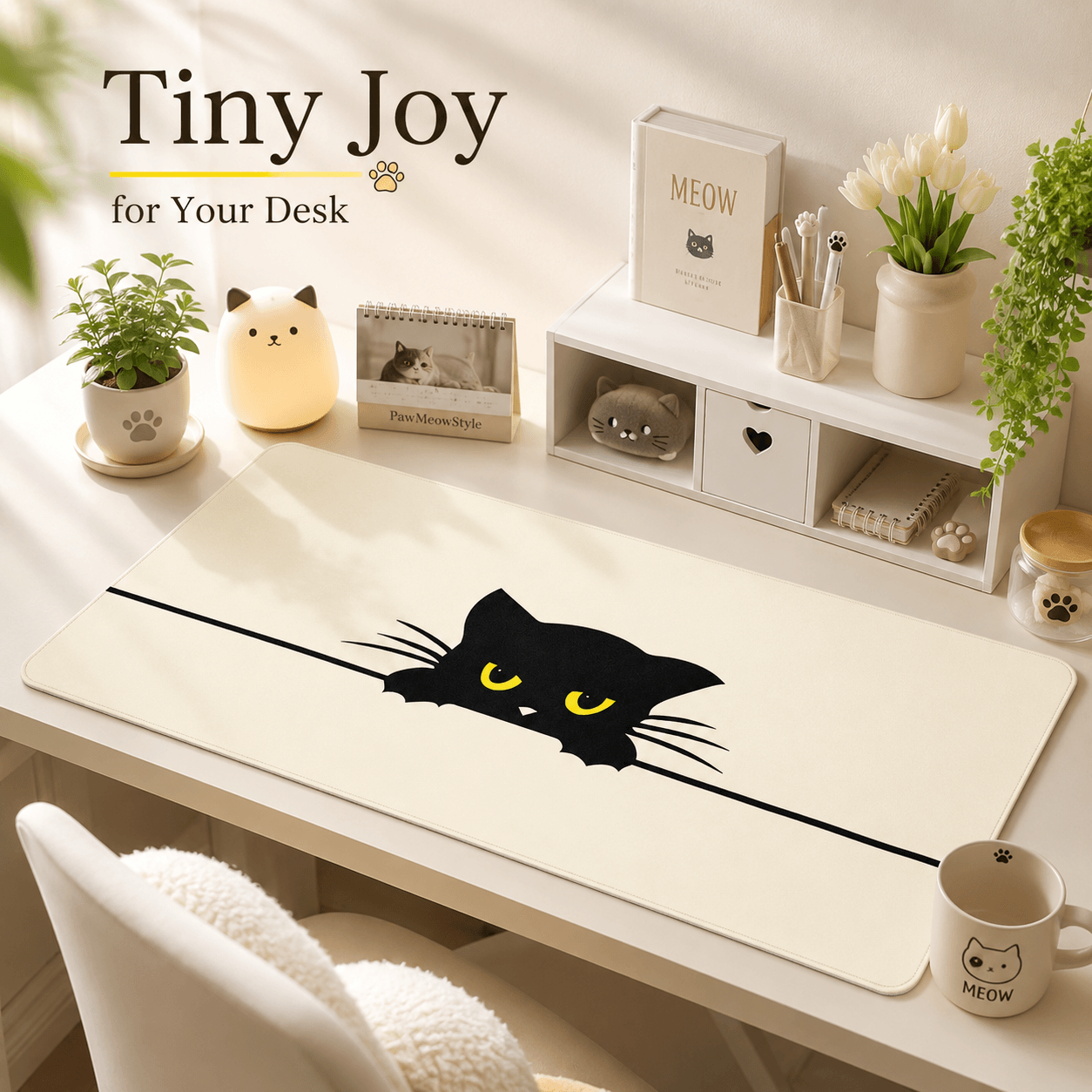 Peeking Black Cat Large Desk Mat – Non-Slip Extended Mouse Pad