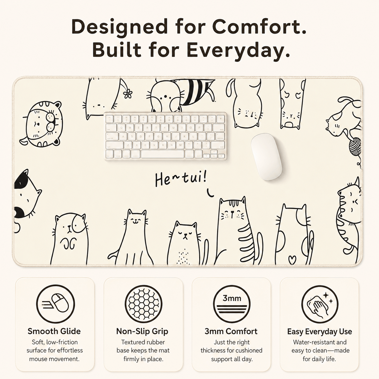Cute Line-Art Cats Large Desk Mat – Non-Slip Extended Mouse Pad