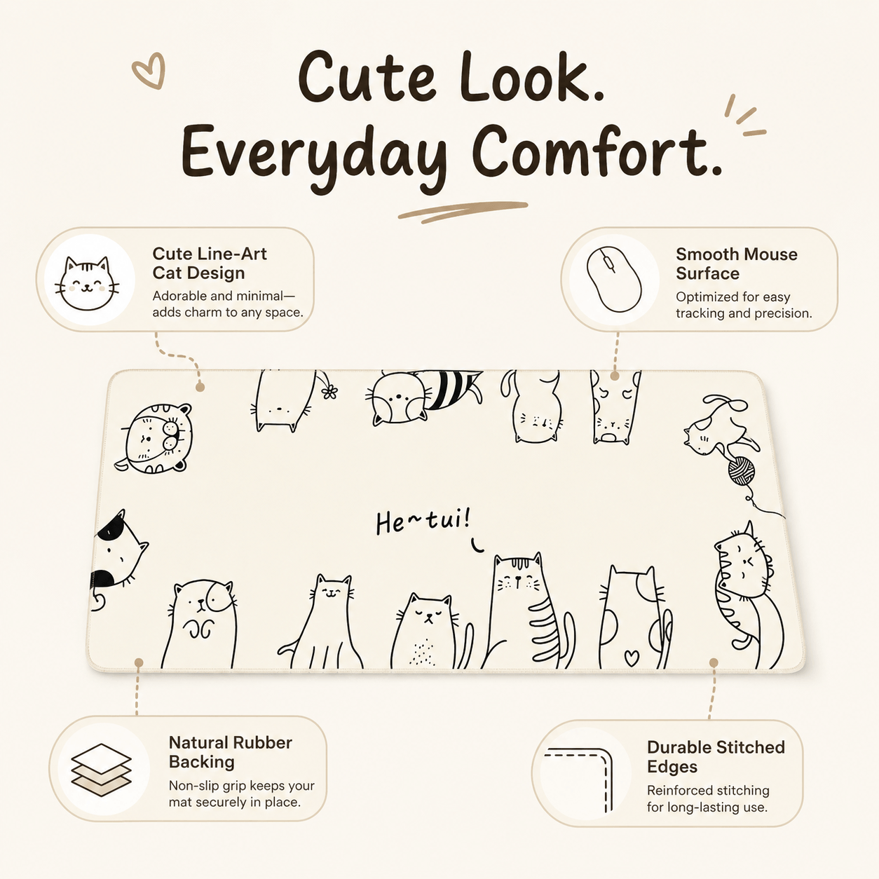 Cute Line-Art Cats Large Desk Mat – Non-Slip Extended Mouse Pad