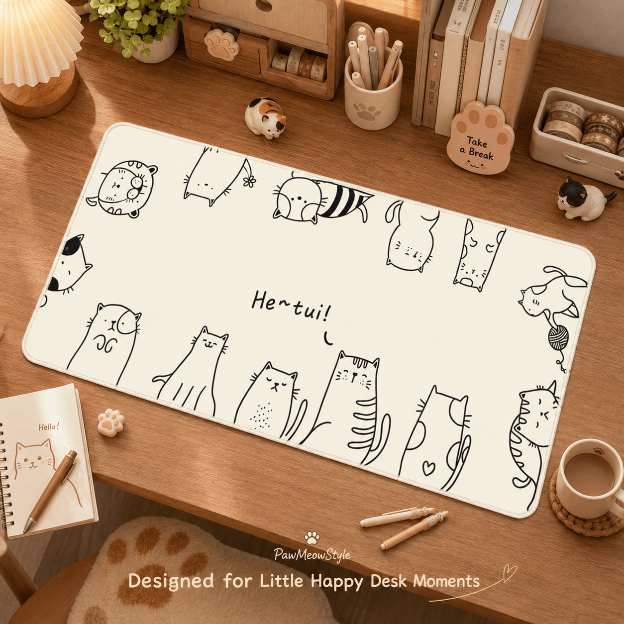 Cute Line-Art Cats Large Desk Mat – Non-Slip Extended Mouse Pad