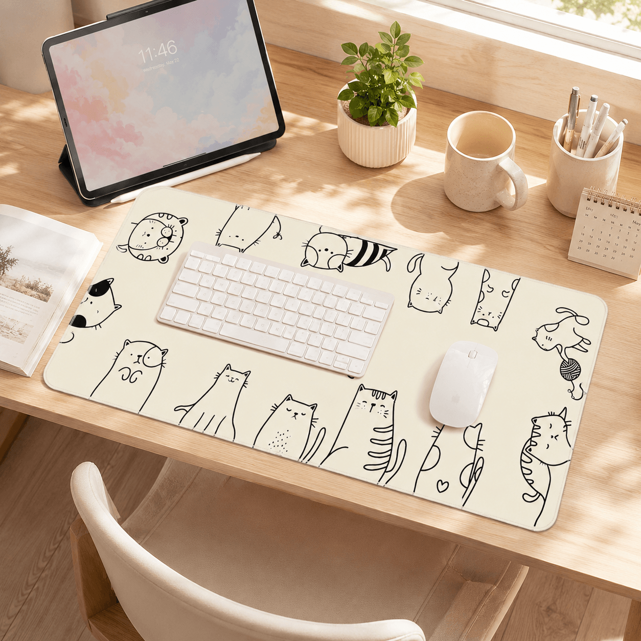 Cute Line-Art Cats Large Desk Mat – Non-Slip Extended Mouse Pad