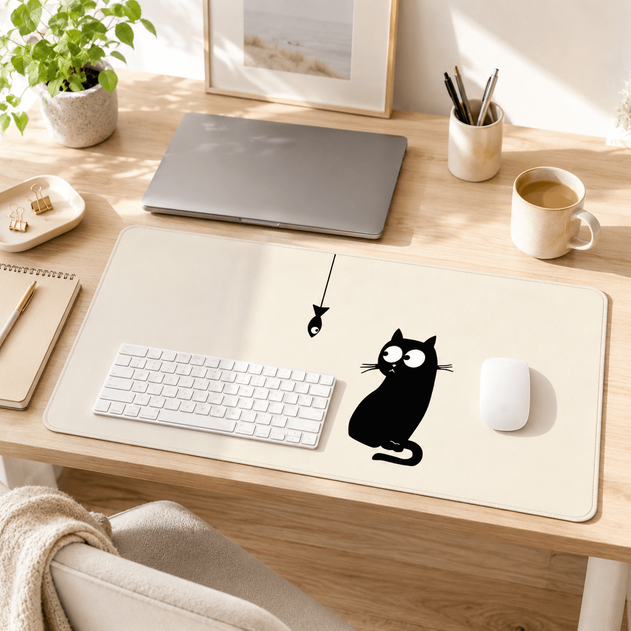 Black Cat & Little Fish Large Desk Mat – Non-Slip Extended Mouse Pad