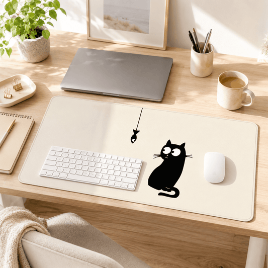 Black Cat & Little Fish Large Desk Mat – Non-Slip Extended Mouse Pad
