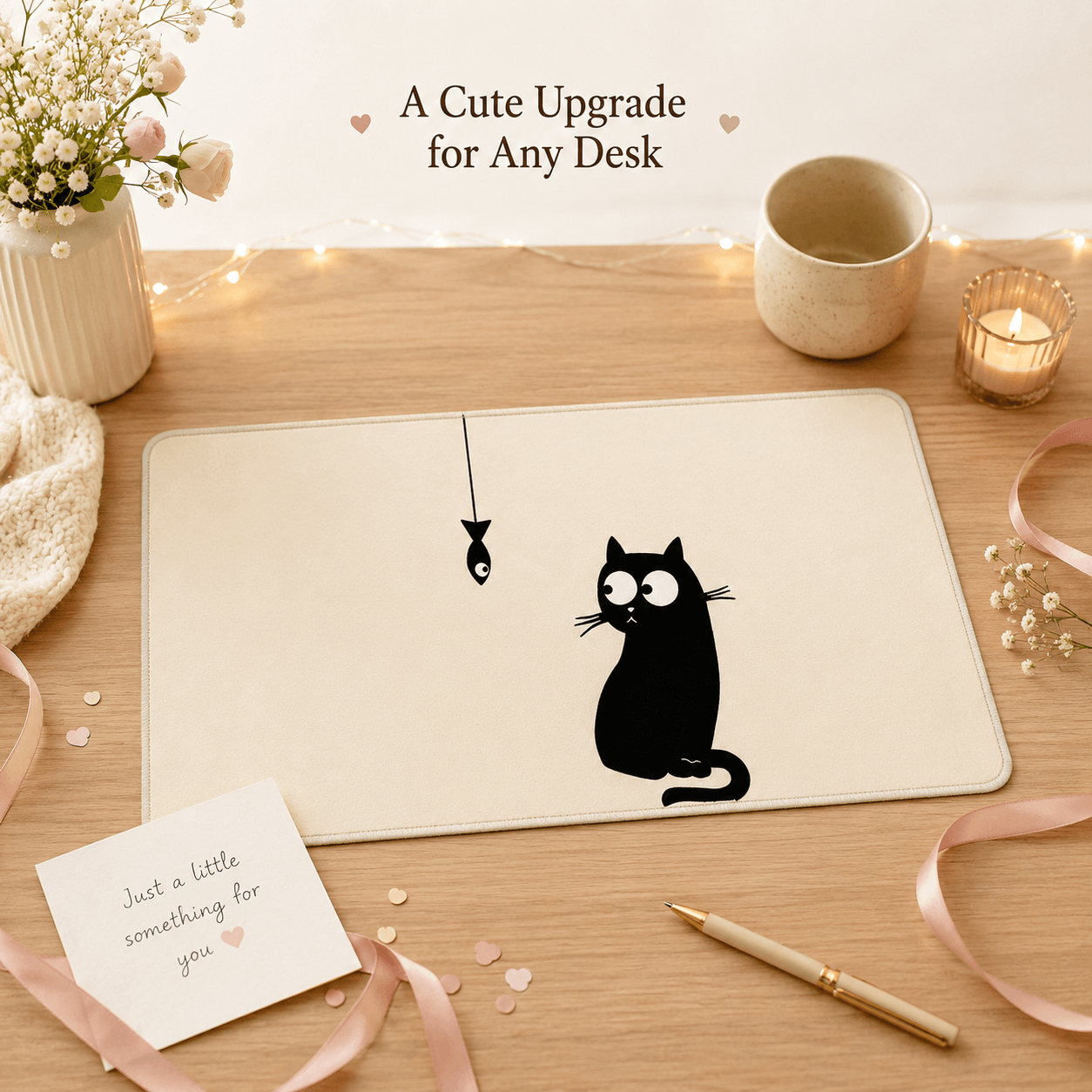 Black Cat & Little Fish Large Desk Mat – Non-Slip Extended Mouse Pad