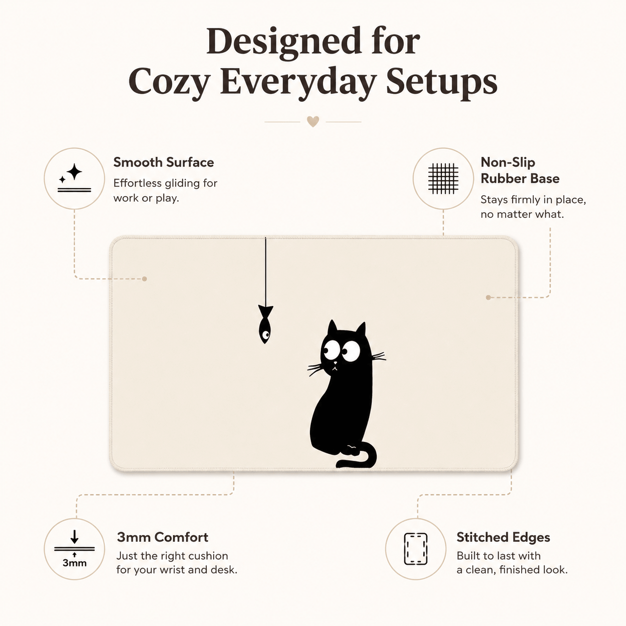 Black Cat & Little Fish Large Desk Mat – Non-Slip Extended Mouse Pad
