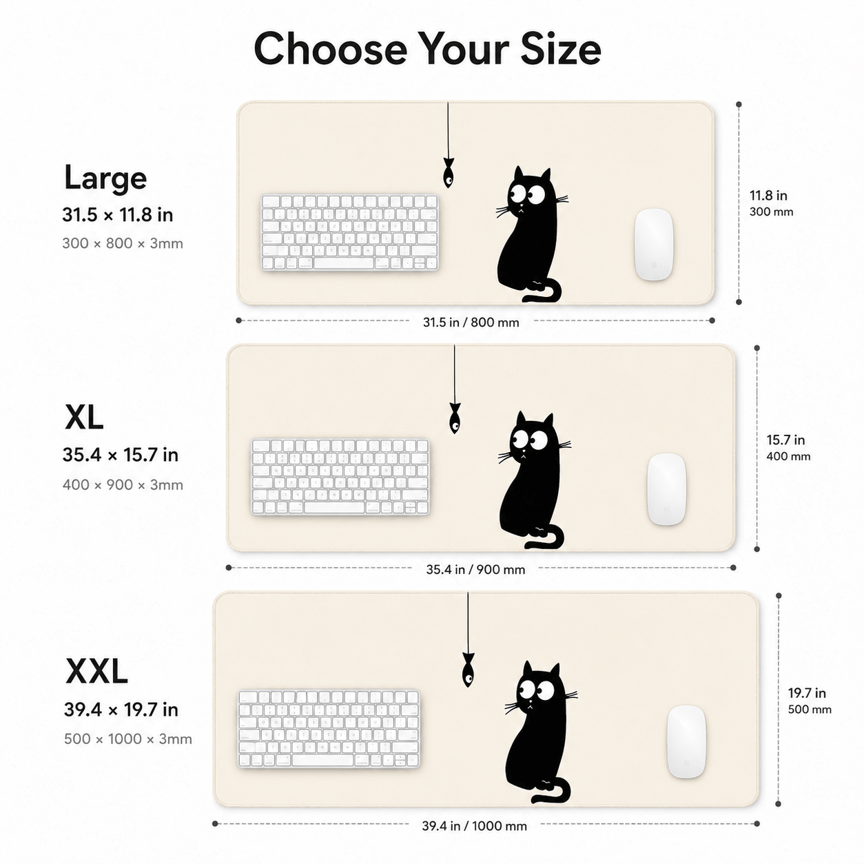 Black Cat & Little Fish Large Desk Mat – Non-Slip Extended Mouse Pad