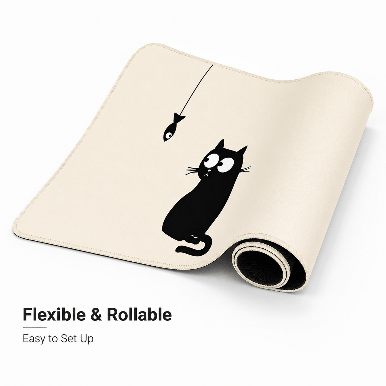 Black Cat & Little Fish Large Desk Mat – Non-Slip Extended Mouse Pad