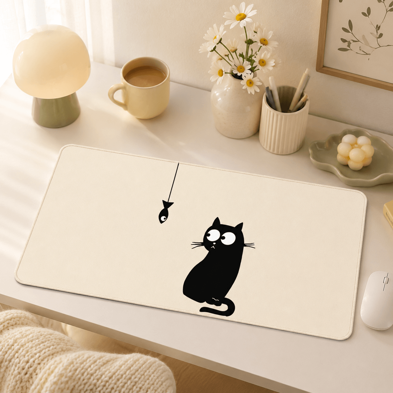 Black Cat & Little Fish Large Desk Mat – Non-Slip Extended Mouse Pad