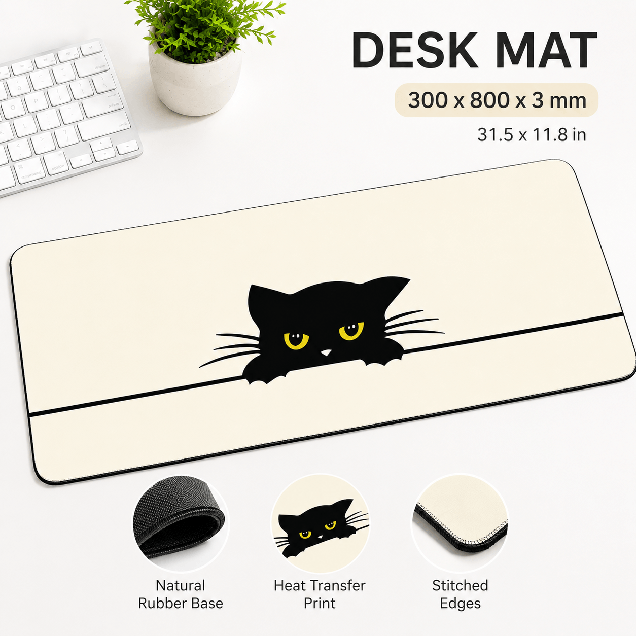 Peeking Black Cat Large Desk Mat – Non-Slip Extended Mouse Pad