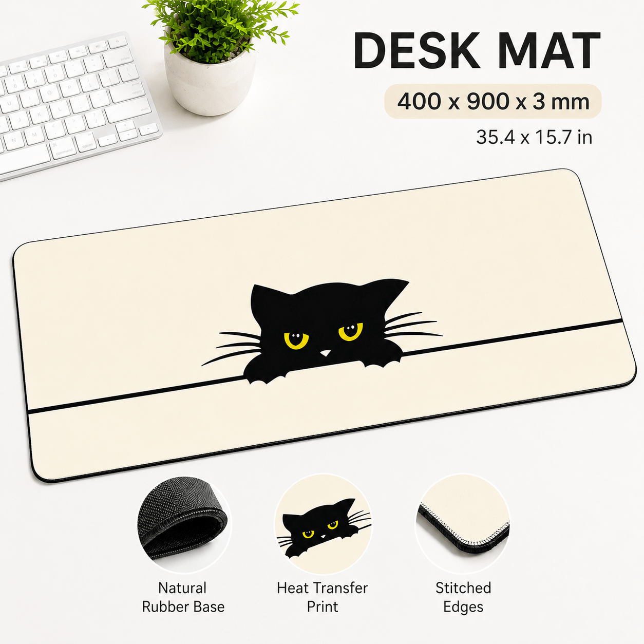 Peeking Black Cat Large Desk Mat – Non-Slip Extended Mouse Pad