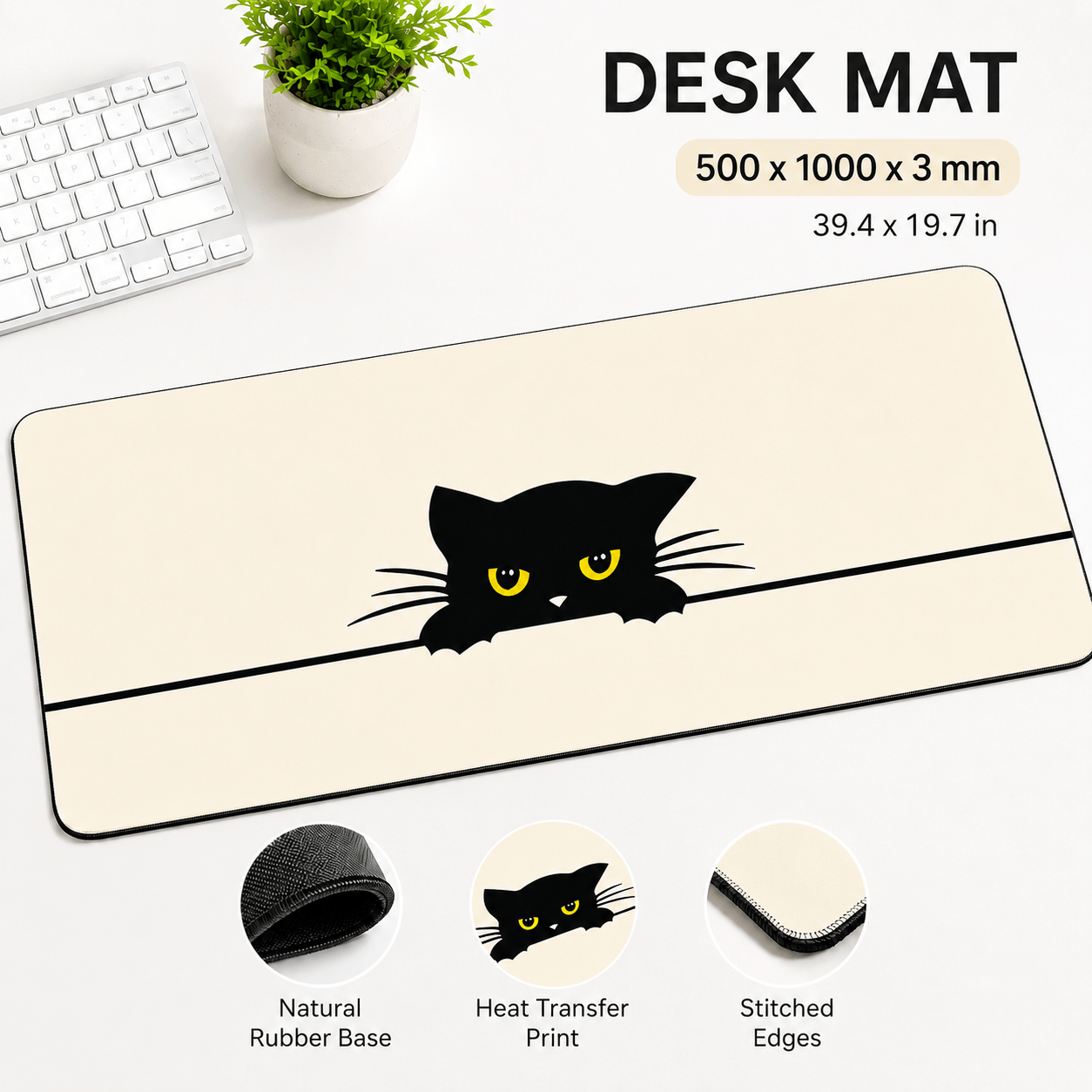 Peeking Black Cat Large Desk Mat – Non-Slip Extended Mouse Pad
