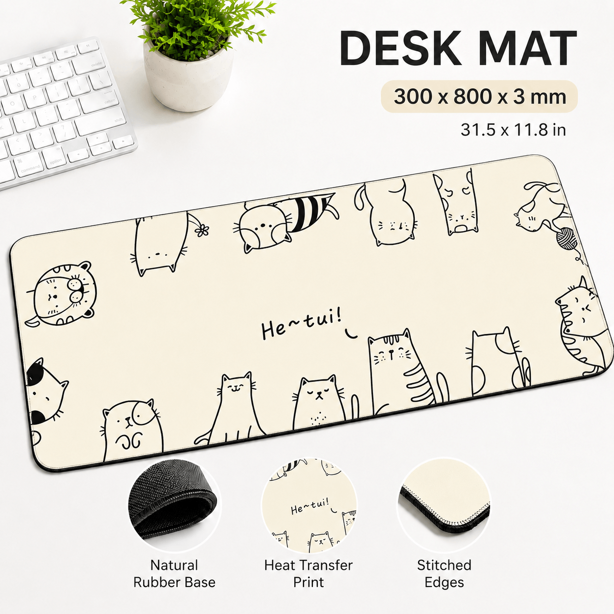 Cute Line-Art Cats Large Desk Mat – Non-Slip Extended Mouse Pad