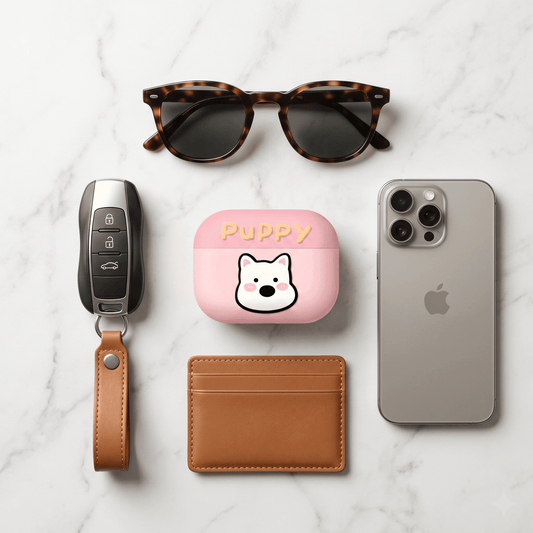 Cute Pink Puppy AirPods Case with Detachable Beaded Wrist Strap – Everyday Carry & Perfect Gift