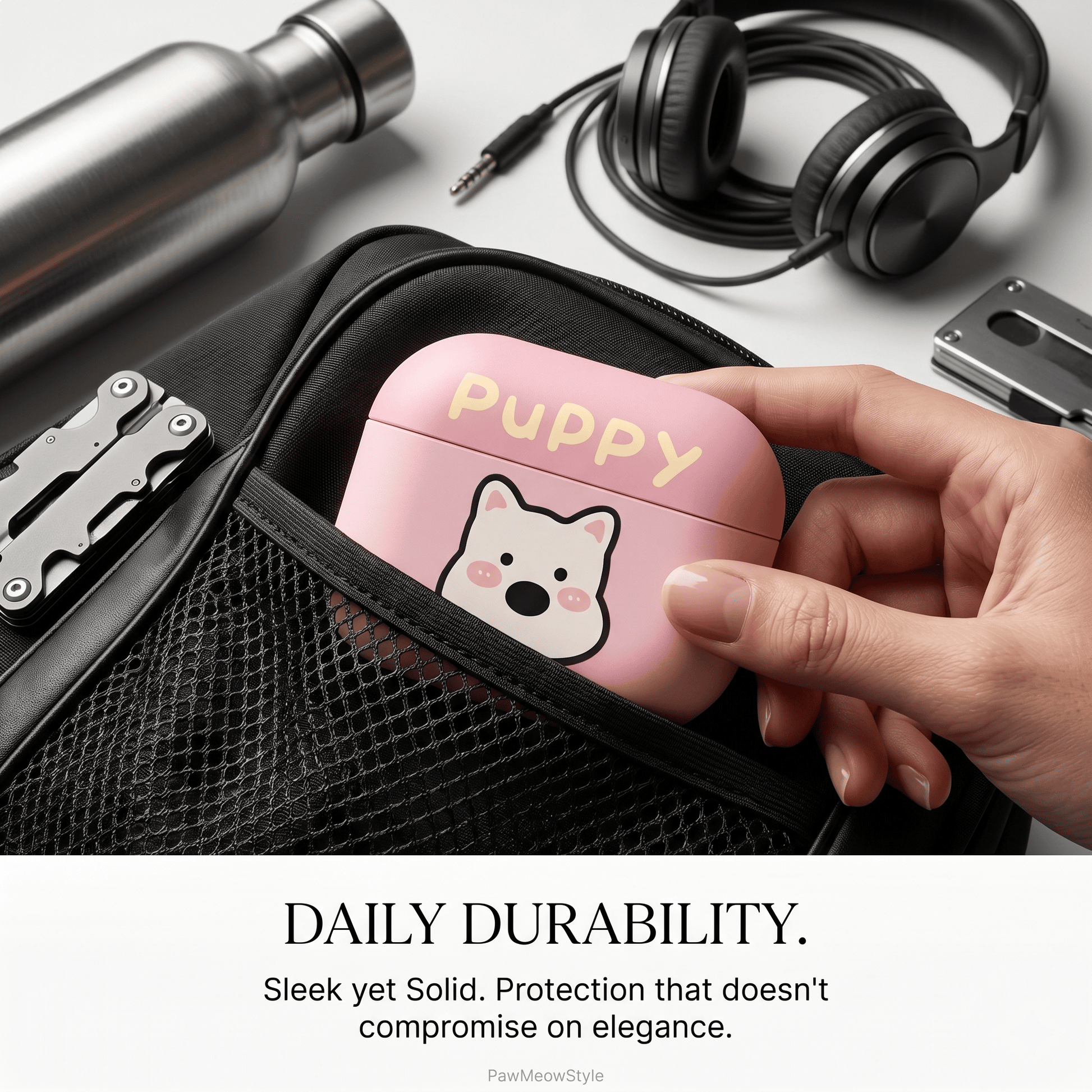 Cute Pink Puppy AirPods Case with Detachable Beaded Wrist Strap product image