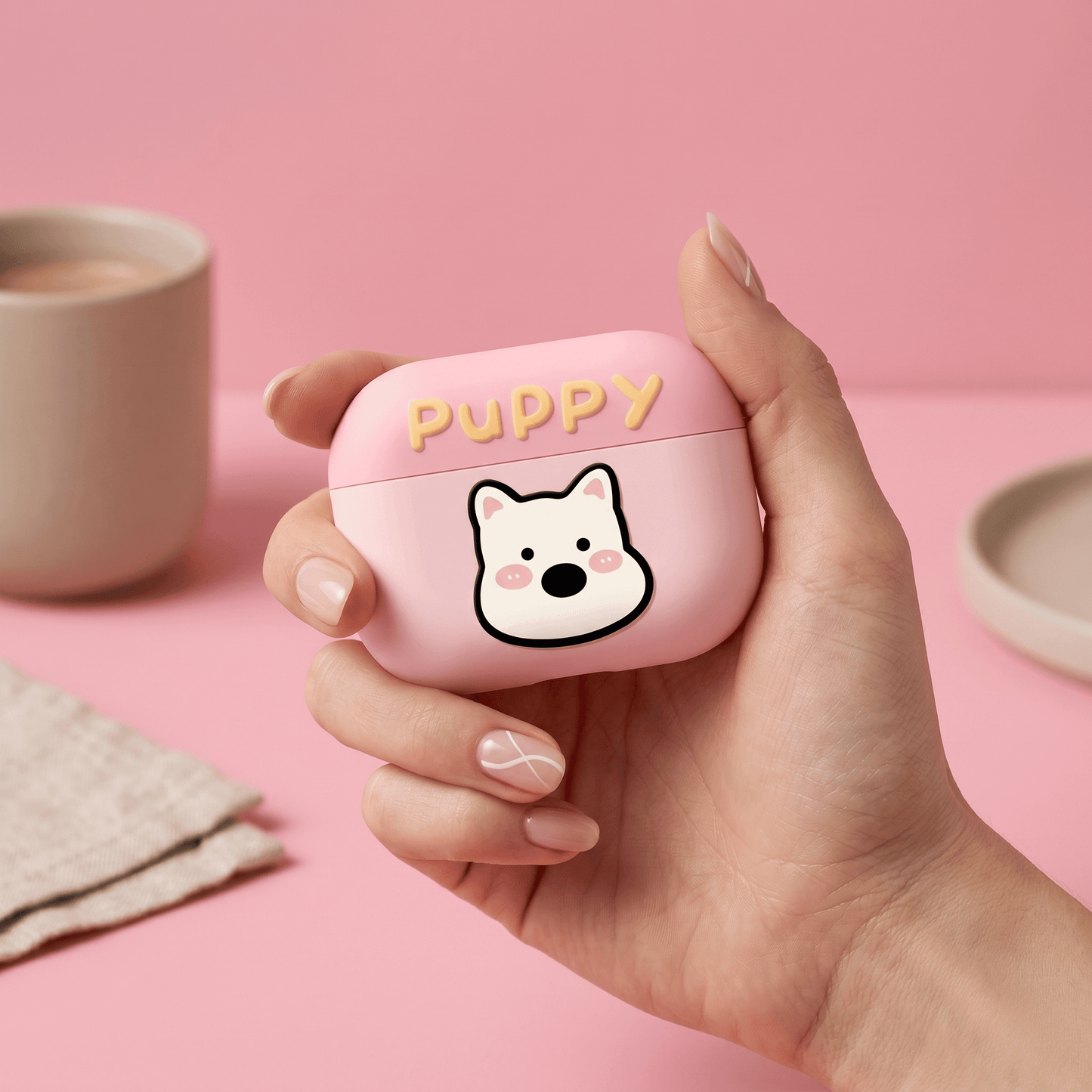 Cute Pink Puppy AirPods Case with Detachable Beaded Wrist Strap product image