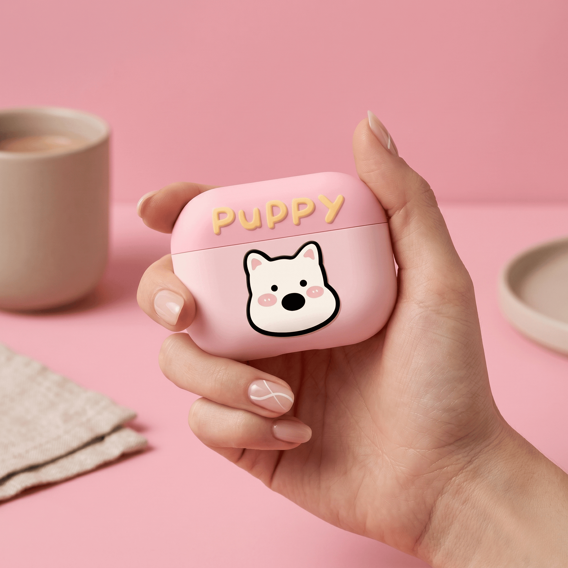 Cute Pink Puppy AirPods Case with Detachable Beaded Wrist Strap product image