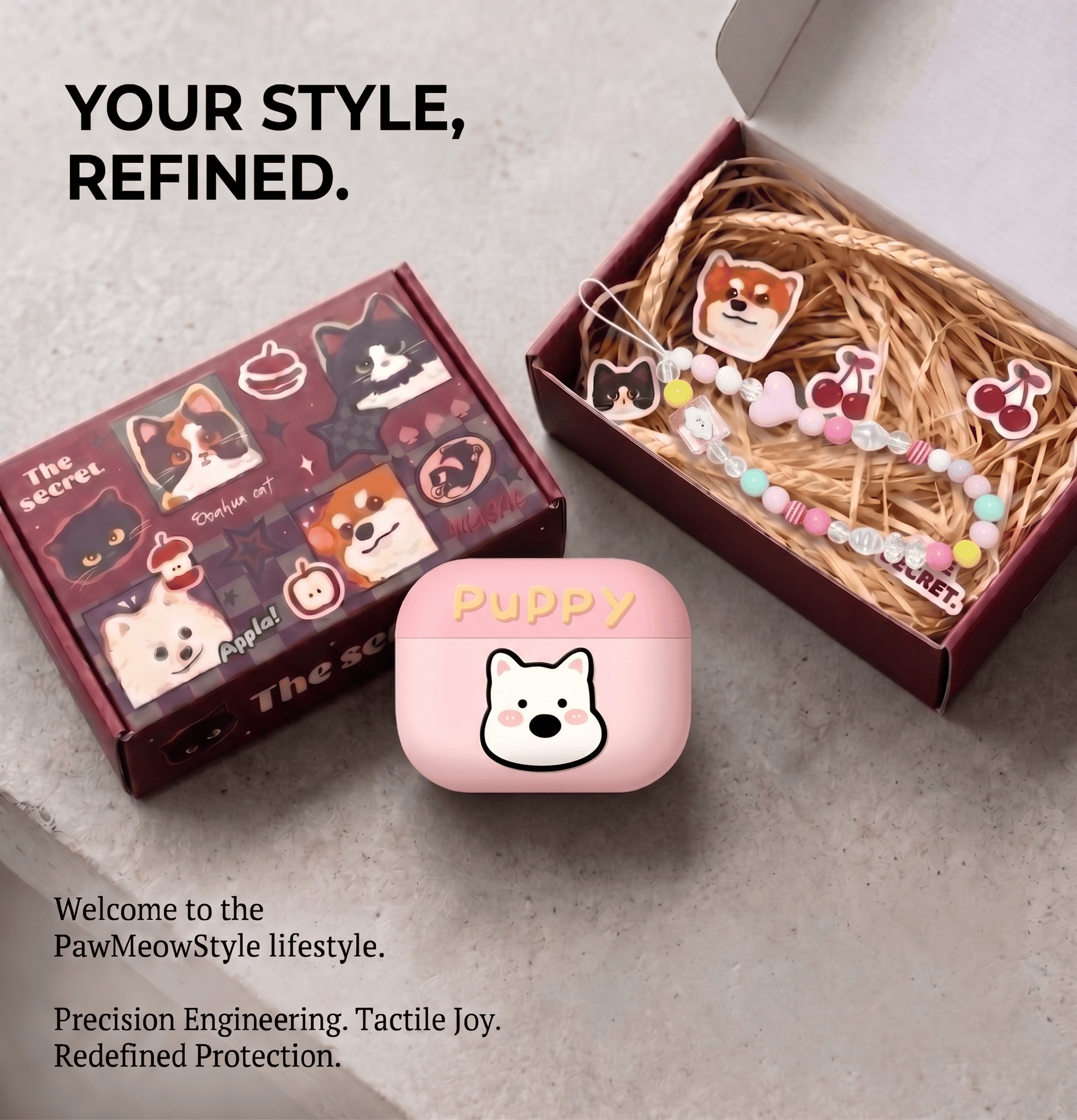 Cute Pink Puppy AirPods Case with Detachable Beaded Wrist Strap product image